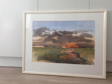 Aquarel Theo Janssen zonsondergang weiland
 beschikbaar voor biedingen