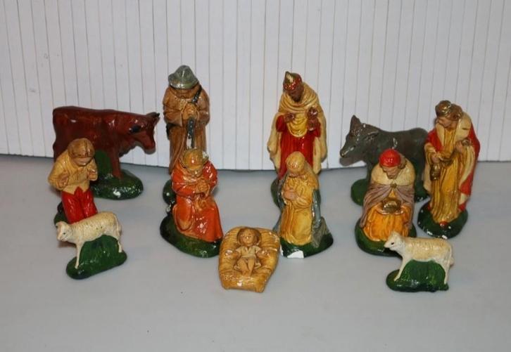 Vintage antieke kerstgroep nativity group gips oud 12-delig, Diversen, Kerst, Gebruikt, Ophalen of Verzenden
