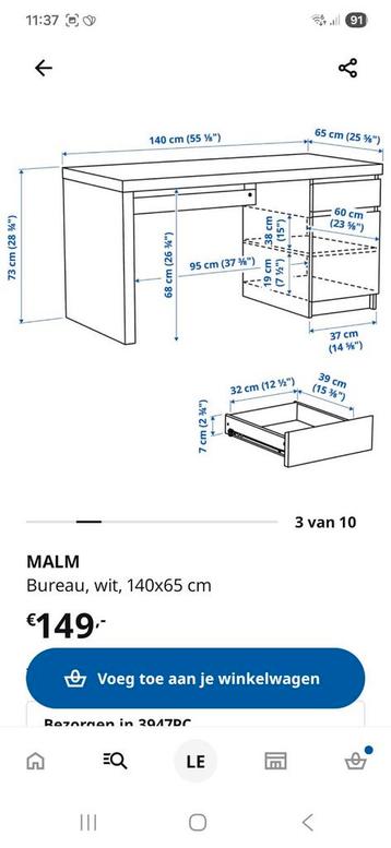 Ikea Malm bureau met lade en kastje - afbeelding 4