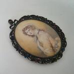 Antiek Miniatuur Portret handgeschilderd lijst met edelsteen, Ophalen of Verzenden