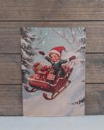 Vintage look kerst-kaart elf op de slee in de sneeuw, Ophalen of Verzenden, 1980 tot heden, Ongelopen, Feest(dag)