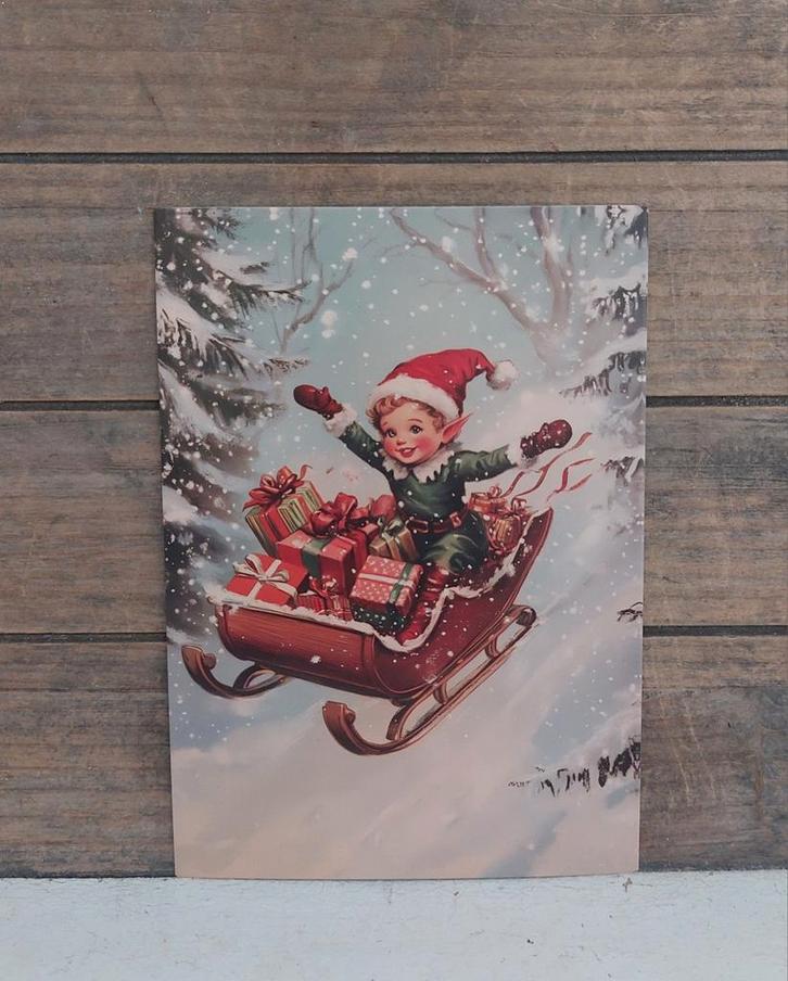 Vintage look kerst-kaart elf op de slee in de sneeuw, Verzamelen, Ansichtkaarten | Themakaarten, Ongelopen, 1980 tot heden, Feest(dag)