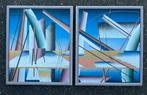 Postmodern schilderij, abstract 2-luik, airbrush, jaren ‘80, Ophalen of Verzenden