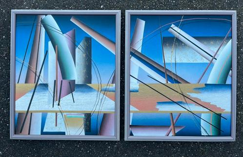 Postmodern schilderij, abstract 2-luik, airbrush, jaren ‘80, Antiek en Kunst, Kunst | Schilderijen | Abstract, Ophalen of Verzenden