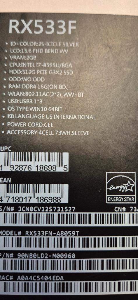 Asus laptop  I7 , 16 GB geh 500 gb SSD   type RX533F, Computers en Software, Windows Laptops, Gebruikt, 15 inch, SSD, 2 tot 3 Ghz