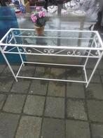 Metalen side-table met glasplaat - 120x77x40 cm, Gebruikt, Metaal of Aluminium, Ophalen of Verzenden, 75 cm of meer