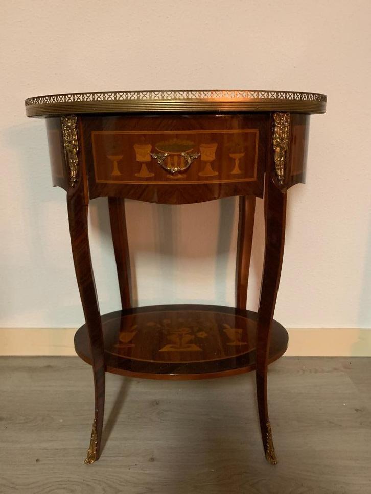 vintage tafeltje French Gueridon Style ingelegd Side Table, Huis en Inrichting, Tafels | Bijzettafels, Gebruikt, Rechthoekig, 45 tot 60 cm