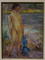 Schilderij jonge bader v Dulmen gesigneerd., Verzenden