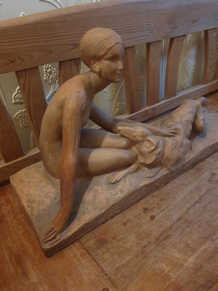 Terracotta Naakt met Barzoi windhond - Beeld, Antiek en Kunst, Kunst | Beelden en Houtsnijwerken, Ophalen of Verzenden