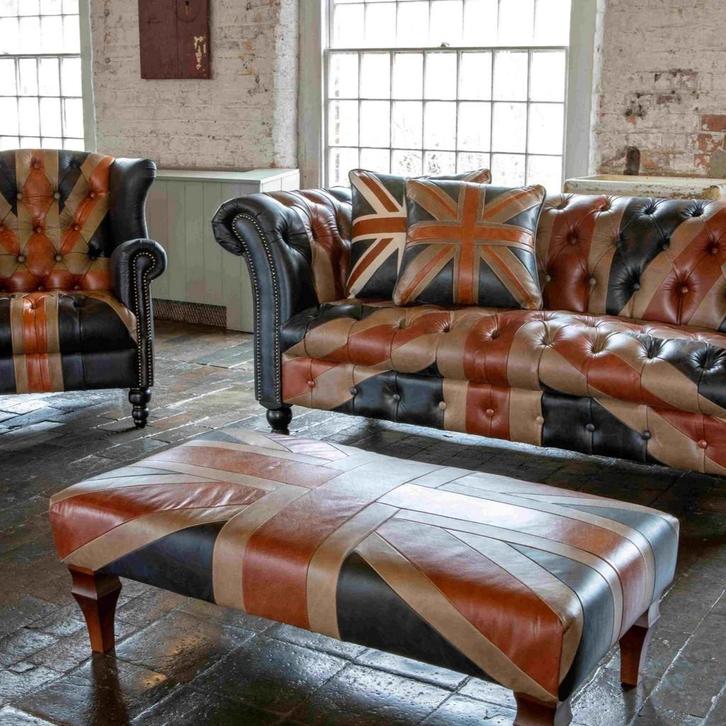 CHESTERFIELD UNION JACK BANK MET ENGELSE VLAG 100% rund leer, Huis en Inrichting, Banken | Bankstellen, Nieuw, Rechte bank, 75 tot 100 cm