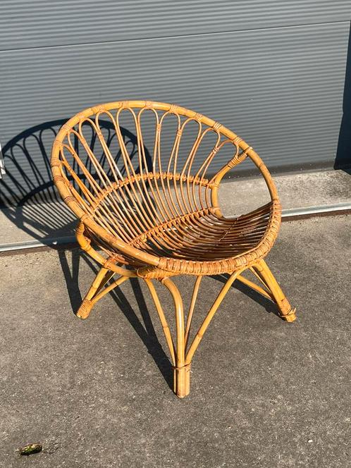Vintage rotan riet stoel kuipstoeltje jaren 60/70, Huis en Inrichting, Stoelen, Gebruikt, Eén, Bruin, Ophalen