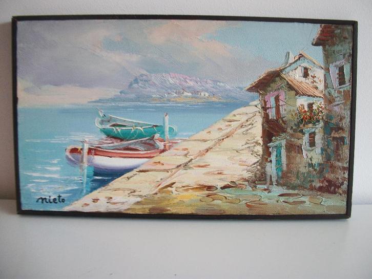 Schilderij Zee Boten aan de Kade 36 x 21 - Griekenland Nieto, Huis en Inrichting, Woonaccessoires | Schilderijen, Tekeningen en Foto's