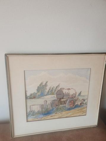 aquarel Boerenlandschap Gierwagen onleesbaar  gesigneerd beschikbaar voor biedingen