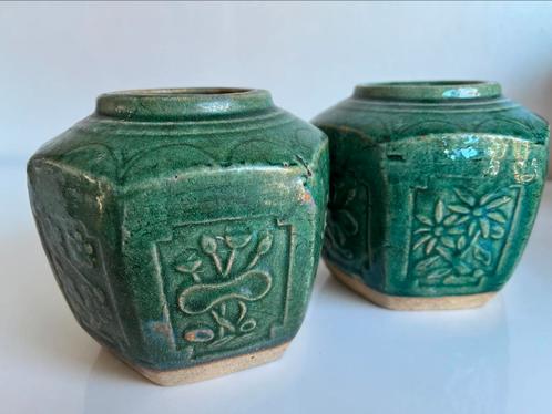 Vintage Set 2 Groot Shiwan Gemberpot Turquoise Zeskant 1920, Antiek en Kunst, Antiek | Keramiek en Aardewerk, Ophalen of Verzenden