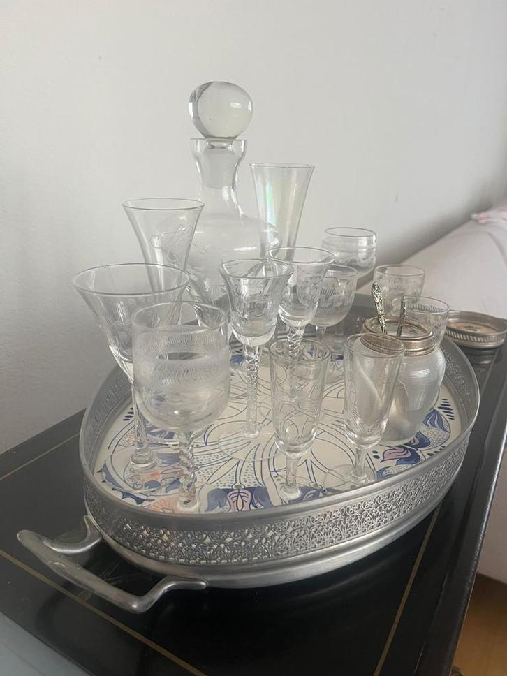 Antieke Kristallen Glazen Set met Karaf en Dienblad, Antiek en Kunst, Antiek | Glas en Kristal, Ophalen