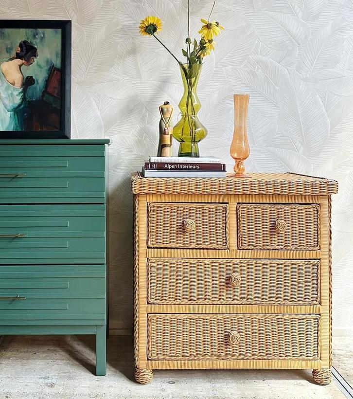 Vintage rotan ladekast, Huis en Inrichting, Kasten | Ladekasten, Zo goed als nieuw, Minder dan 100 cm, 50 tot 100 cm, 25 tot 50 cm