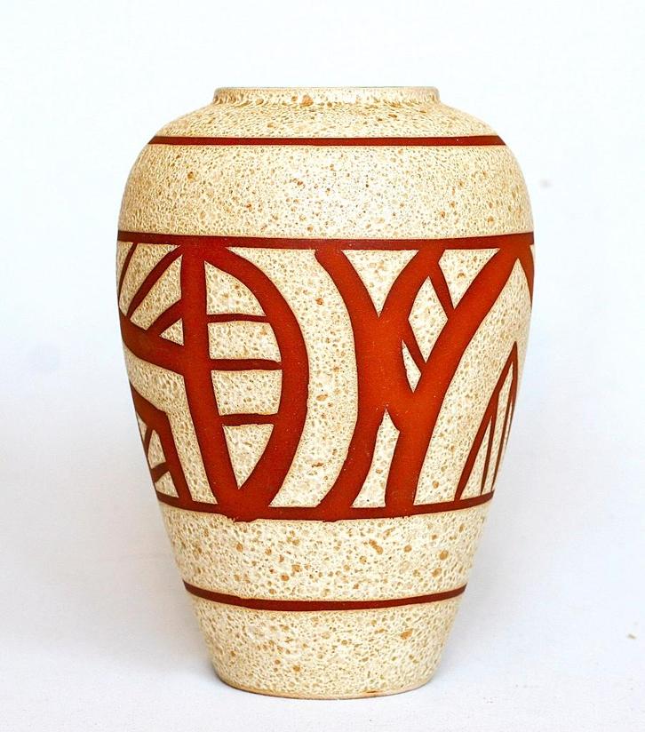 Vintage Duitse Bruisglazuur Vaas met Geometrische Patronen, Antiek en Kunst, Antiek | Keramiek en Aardewerk, Ophalen of Verzenden