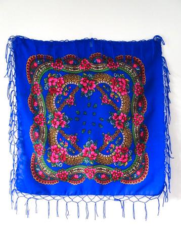 Vintage 60s bohemian sjaal sjaaltje bloemen franje blauw beschikbaar voor biedingen