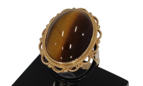 Tijgeroog robuuste 14k gouden fraaie dames ring edelsteen, Sieraden, Tassen en Uiterlijk, Ringen, Zo goed als nieuw, Dame, 17 tot 18