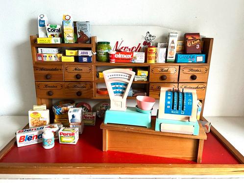 Vintage winkeltje met toebehoren kassa weegschaal boodschapp, Verzamelen, Poppenhuizen en Toebehoren, Gebruikt, Poppenhuis, Ophalen