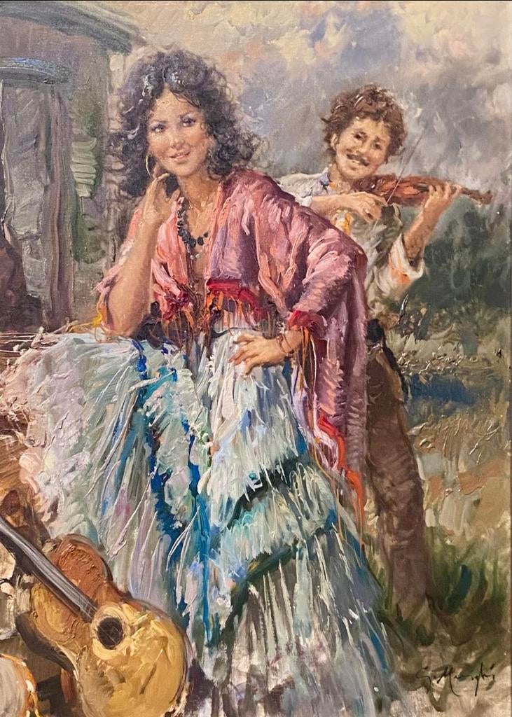 Exclusief! Jong musicerend zigeunersechtpaar, bij woonwagen., Antiek en Kunst, Kunst | Schilderijen | Klassiek, Ophalen