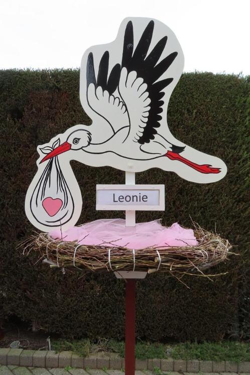 Ooievaar te huur, inclusief naambordje van de baby., Kinderen en Baby's, Kraamcadeaus en Geboorteborden, Nieuw, Geboortebord, Ophalen