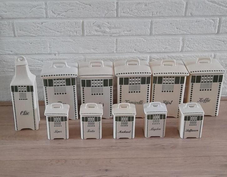 Art deco voorraadpotten met donkergroen accent op wit/crème, Antiek en Kunst, Antiek | Keukenbenodigdheden, Ophalen of Verzenden