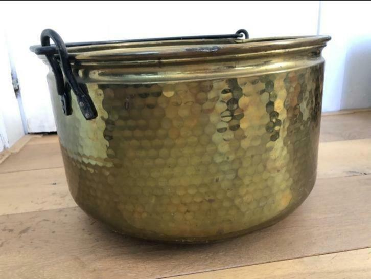 Antiek Haardhoutbak Messing met draaghengsel - Ø 40 cm, Antiek en Kunst, Antiek | Woonaccessoires, Ophalen