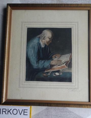 OUDE AQUAREL * LEZENDE MAN IN LIJST * Gesigneerd * beschikbaar voor biedingen