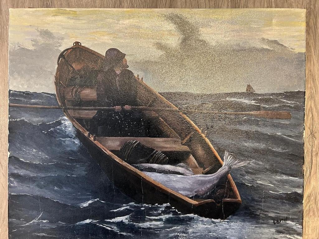 Schilderij van een boot met visser, Ophalen of Verzenden