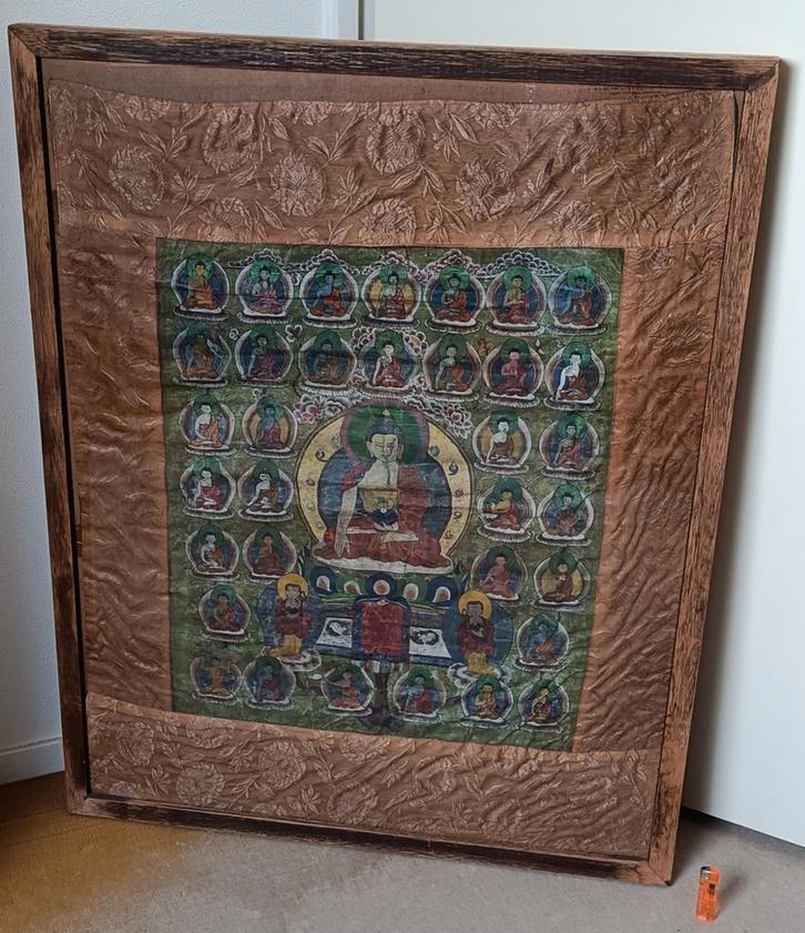 Antieke Tibetaanse Thangka in lijst, Antiek en Kunst, Antiek | Kleden en Textiel, Ophalen