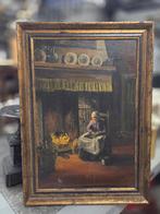 Schilderij van een vrouw bij de open haard door E.vd Burg, Ophalen of Verzenden