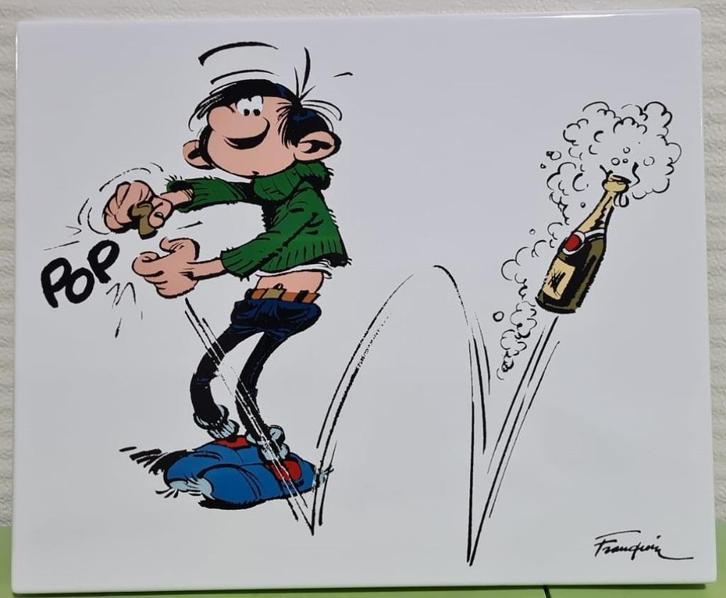 Guust Flater, Franquin, Gaston Lagaffe champagne, 10/65, Verzamelen, Stripfiguren, Nieuw, Plaatje, Poster of Sticker, Guust of Robbedoes