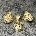 14 karaat gouden set panter oorbellen en hanger, Ophalen of Verzenden, Zo goed als nieuw, Goud