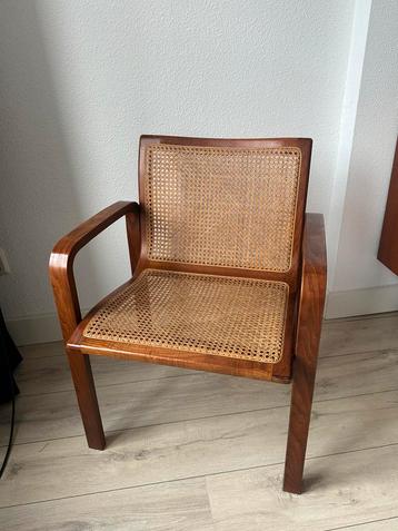Retro Teak Houten Stoel met Webbing – Vintage Mid Century beschikbaar voor biedingen