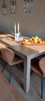 Massief Eiken Eettafel met Bank en Stoelen, Ophalen, Gebruikt, Eikenhout, 200 cm of meer