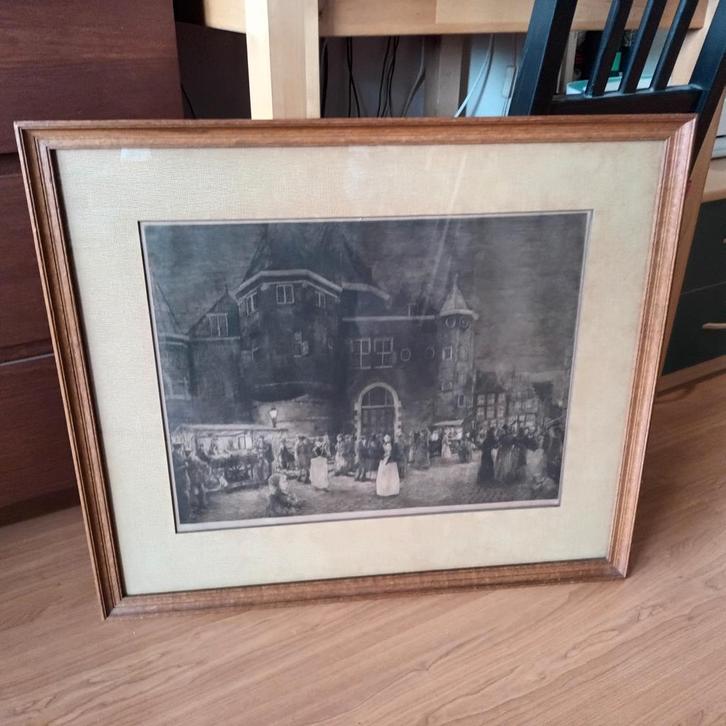 G.C. Haverkamp, ets, Nieuwmarkt Amsterdam, Antiek en Kunst, Kunst | Etsen en Gravures, Ophalen of Verzenden