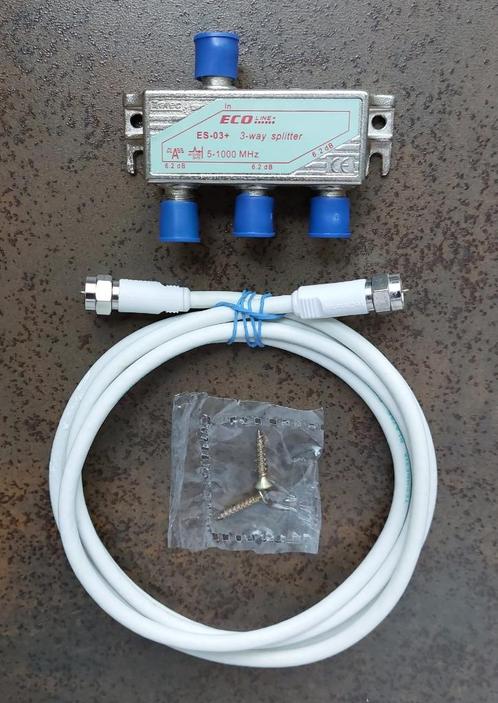 Splitter, 3 way, F connectors, inclusief aansluitkabel, Telecommunicatie, Datacommunicatie en VoIP, Zo goed als nieuw, Toebehoren