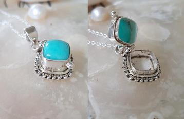 Zilveren 925 Medaillon met Amazoniet / Mantra Box ketting beschikbaar voor biedingen