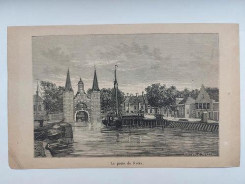 12 / Waterpoort in de haven van Sneek Houtgravure, Antiek en Kunst, Kunst | Etsen en Gravures, Ophalen of Verzenden