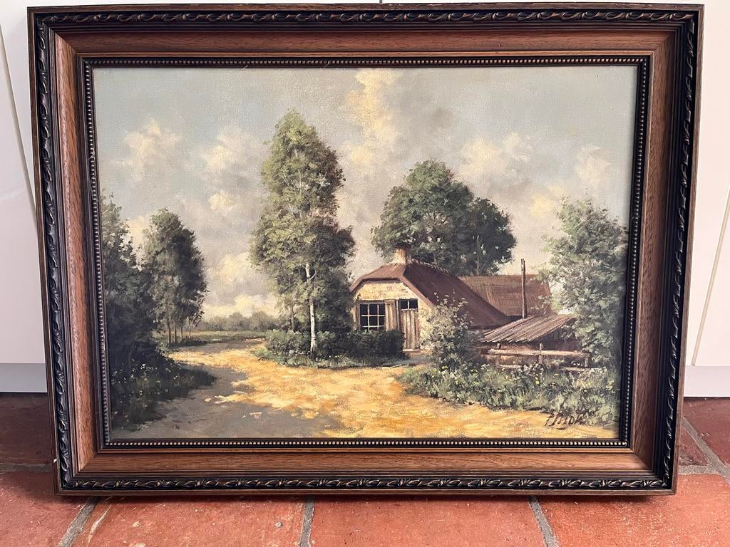 Schilder Peter Motz: Schilderij landelijk huis met bomen, Antiek en Kunst, Kunst | Schilderijen | Klassiek, Ophalen