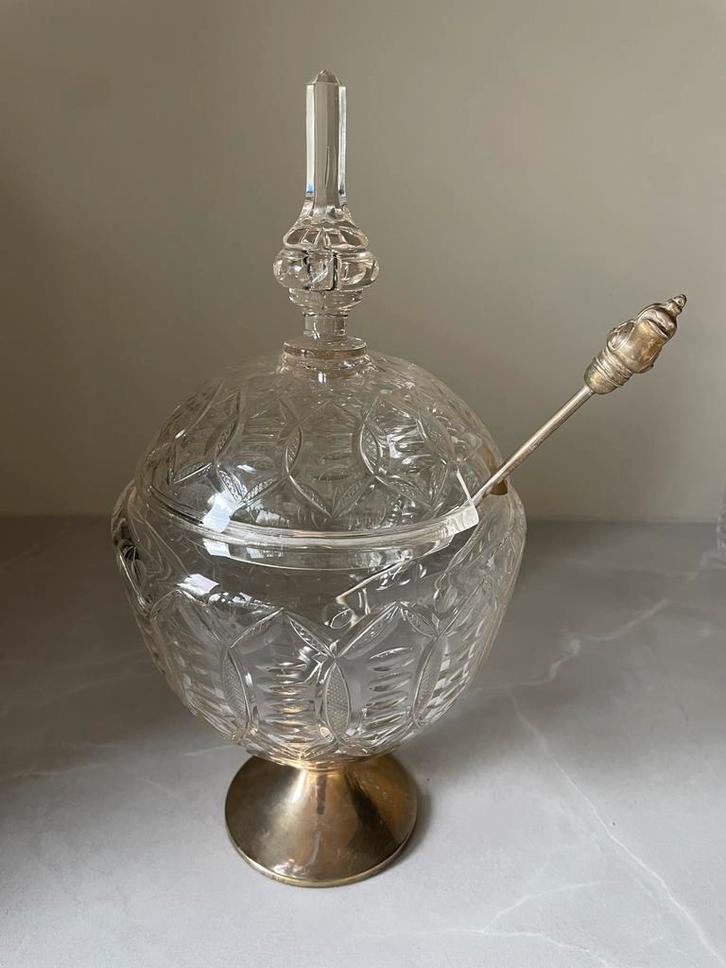 Grote glazen schaal/kom op zilveren voet met zilveren lepel, Antiek en Kunst, Antiek | Glas en Kristal, Ophalen of Verzenden