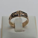 Gouden Antieke Ring 9k 375 met Zwarte Emaille en Parelmoer, 18 tot 19, Gebruikt, Ophalen of Verzenden, Dame of Heer