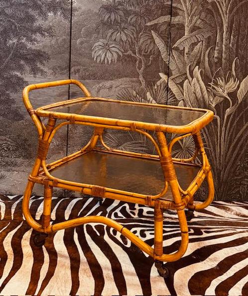 VINTAGE ROTAN BAMBOE ROHE SERVEERWAGEN THEEWAGEN TROLLEY, Verzamelen, Retro, Huis en Inrichting, Ophalen
