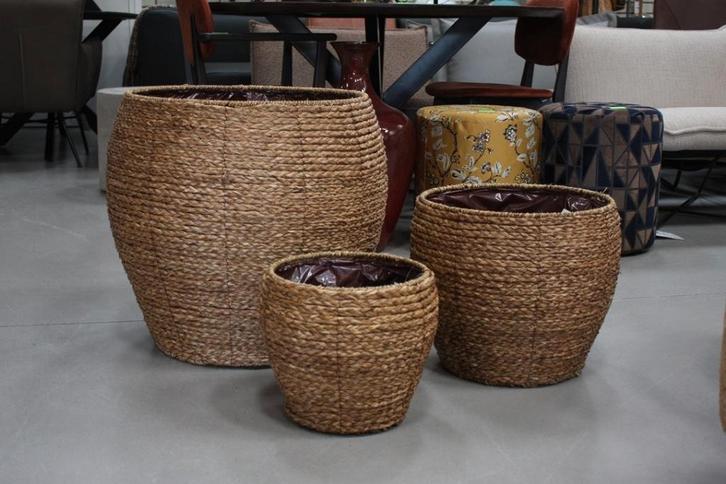 Grote ronde bloempotten / manden riet rotan (3 maten), Tuin en Terras, Bloempotten, Nieuw, Overige materialen, Binnen, 40 tot 70 cm