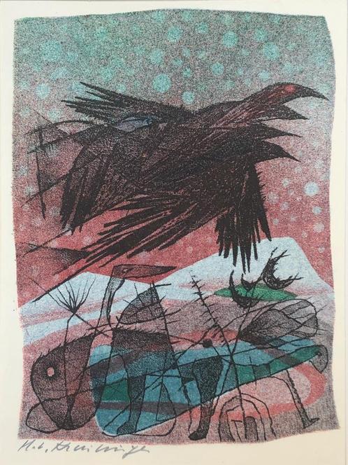 Harry van Kruiningen (1906-1996) Kleurenlithografie 'Kraaien, Antiek en Kunst, Kunst | Etsen en Gravures, Ophalen of Verzenden