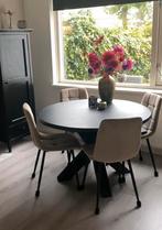 Zwarte eiken eettafel plus stoelen, 100 tot 150 cm, Rond, Eikenhout, Zo goed als nieuw