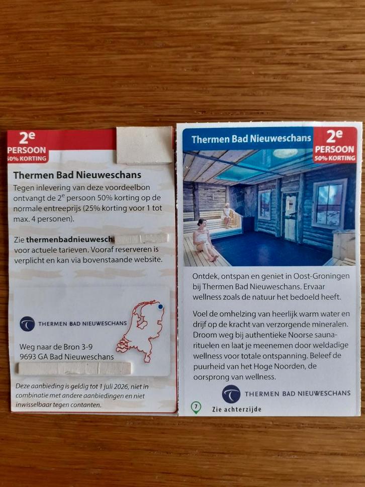 THERMEN BAD NIEUWESCHANS 2E PERS 50% KORT!, Tickets en Kaartjes, Kortingen en Cadeaubonnen, Drie personen of meer, Spa of Sauna