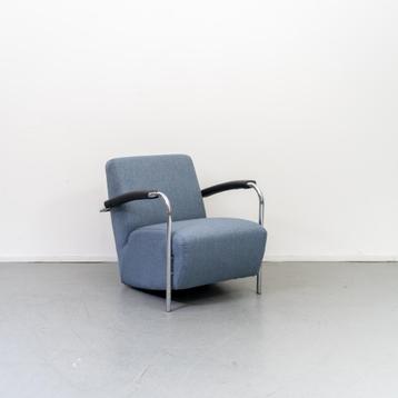 2x Leolux Scylla Fauteuil Lage Rug Blauw Stof - Chroom beschikbaar voor biedingen