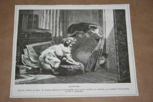 Antieke gravure - Blazende katten (Ronner-Knip) - 1875 !!, Antiek en Kunst, Kunst | Etsen en Gravures, Ophalen of Verzenden